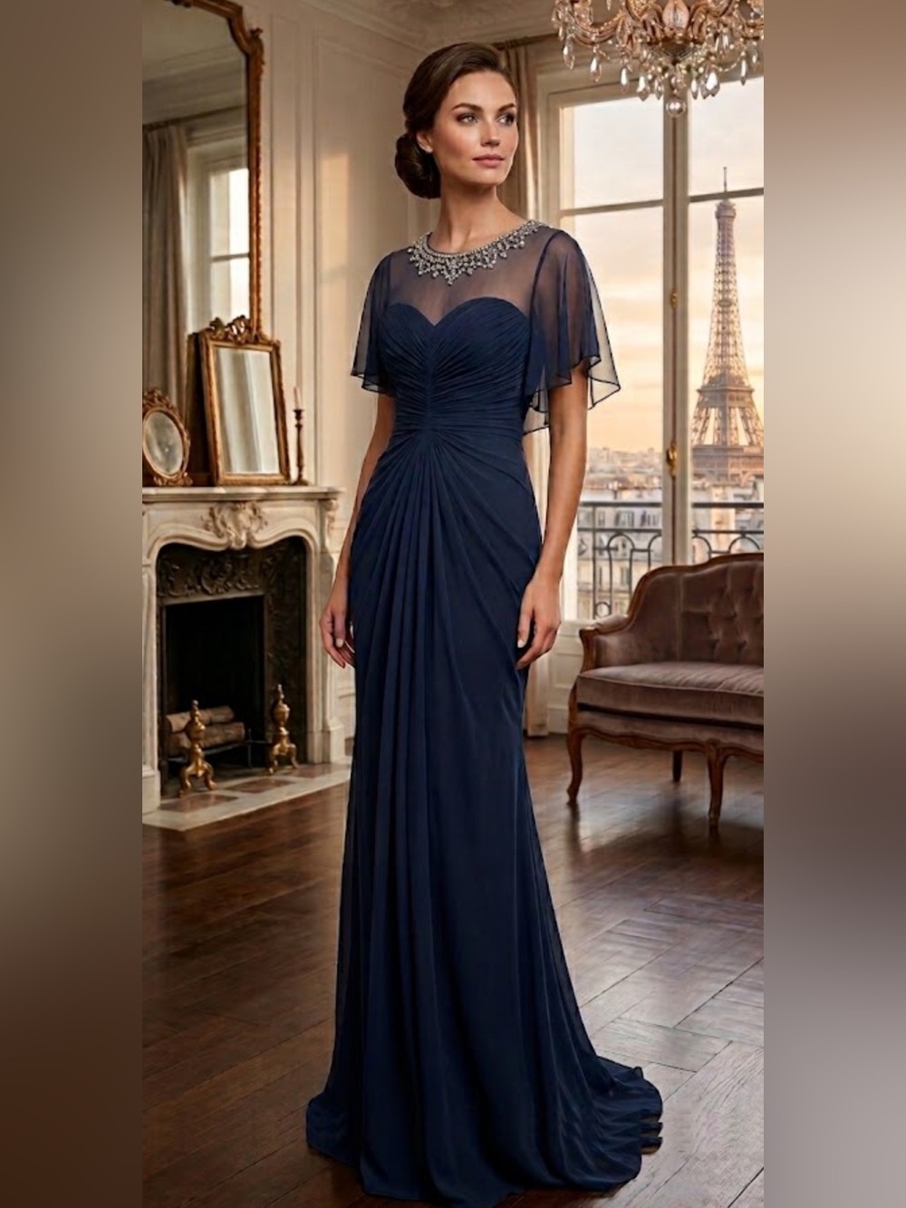 Adrianna papell Jewels sheer neckline flutter sheer sleeves long gown